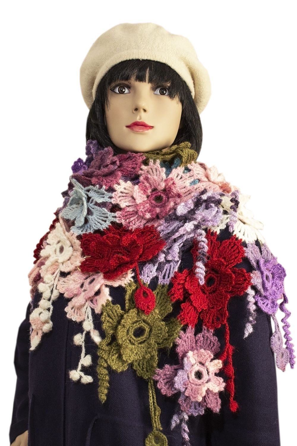вязаный палантин теплый красивый цветочный цветов шарф крючком большой