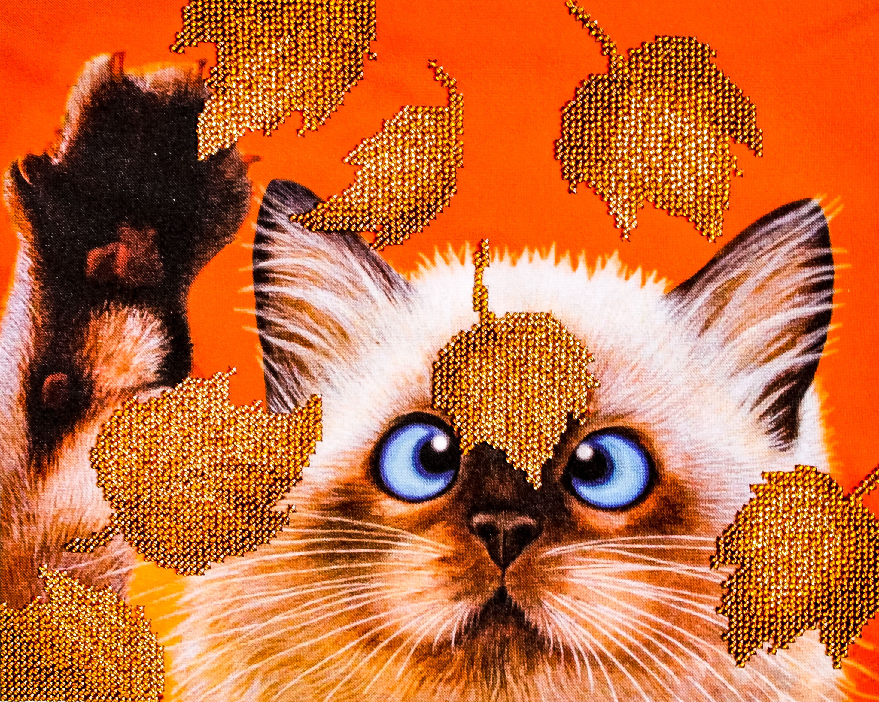 коричневый buy картина подарок бисера picture interior животные beads cat котенок вышитая кот handmade вышитые листьях for вышивка бисером бисер котик