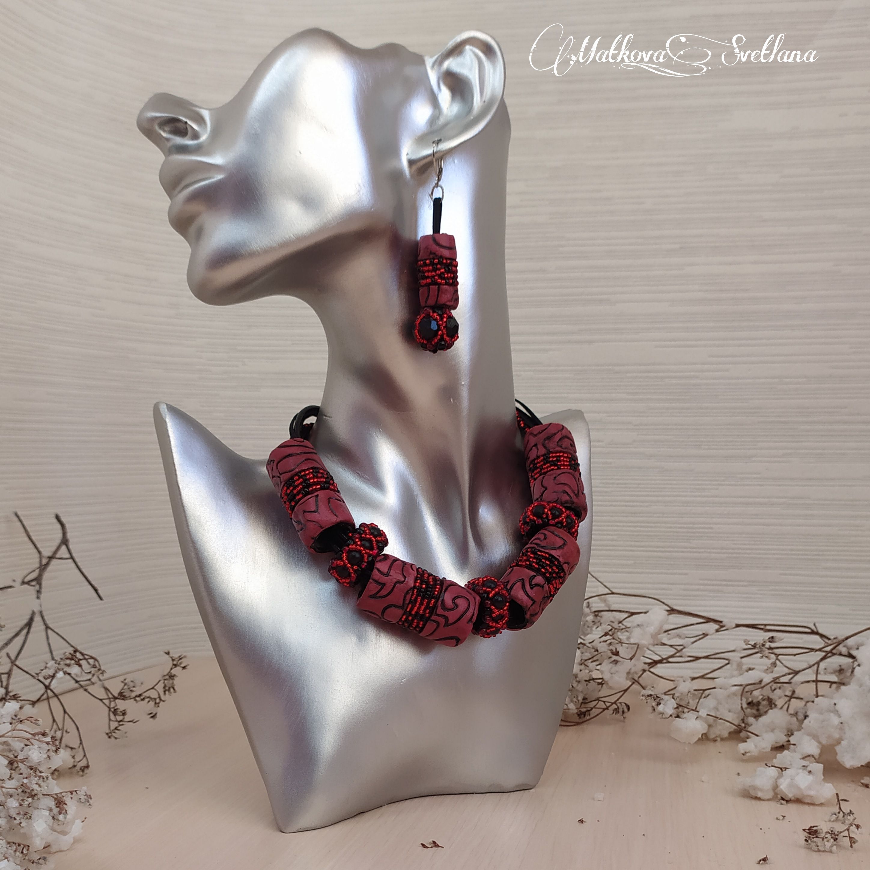колье чёрное бисера ожерелье серьги красно длинные комплект украшение красное черное торжественное глины нарядное украшений