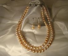 Комплект из розового жемжуга (двойное колье и серьги с серебром 925)