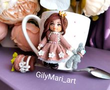 Кружка+ чайная ложечка с декором из полимерной глины "Принцесса с мишкой"