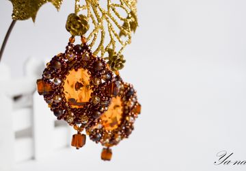 Серьги из бисера и янтаря "Янтарные"