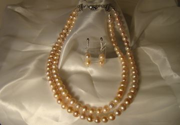 Комплект из розового жемжуга (двойное колье и серьги с серебром 925)