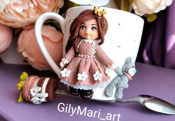 Кружка+ чайная ложечка с декором из полимерной глины "Принцесса с мишкой"