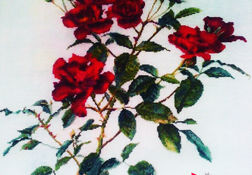 Вышитые красные розы (RED ROSE) на белом льне