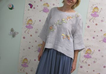 Льняная блуза в стиле "бохо"с аппликацией.