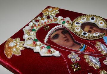 Икона Богородица 19-20в вышитая риза бархат жемчуг