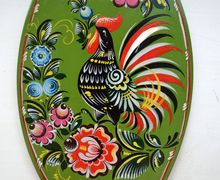 Декоративная досочка "Черный петух"-городецкая роспись