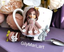 Кружка+ чайная ложечка с декором из полимерной глины "Принцесса с мишкой"