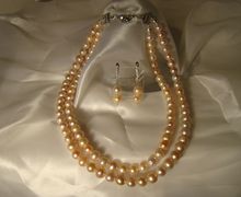 Комплект из розового жемжуга (двойное колье и серьги с серебром 925)