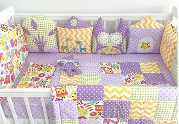 Бортики в кроватку, для новорожденного!Облачка, совушки, домики, деревца