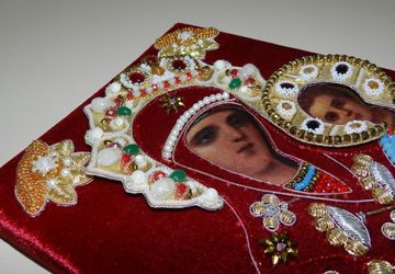 Икона Богородица 19-20в вышитая риза бархат жемчуг