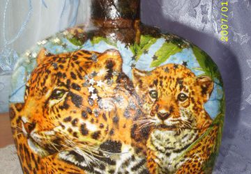 Бутылка в технике декупаж "Тигриное семейство"