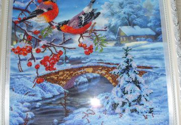 Картина вышитая бисером "Ветка рябины"