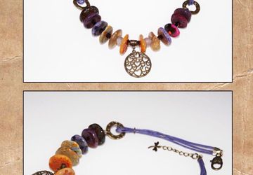 Колье из жёлтого и фиолетового агата на кожаном шнуре