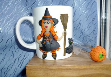 Кружка  ложка с декором из полимерной глины