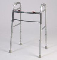Walking Aid - Dual Button Folding Walker with red button. Extra bar for support. Adjustible height. 250lb weight capacity