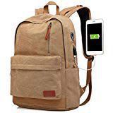 Canvas Laptop Backpack, Waterproof School Backpack With USB Charging Port For Men Women, Lightweight Anti-theft Travel Daypack College Student Rucksack Fits up to 15.6 inch Computer(Brown)