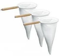 Cloth coffee strainer. Wood handle with metal ring. Pack of 3