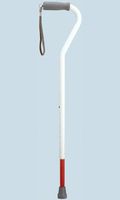Walking Cane Offset Blind Cane has Comfortable Grey Foam Handle with Strap. Shaft is Made of White Powder Coated 7/8" Aluminum Tube with Push Button red Adjustment Leg Adjusts from 30-39"