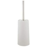 mDesign Modern Compact Freestanding Plastic Toilet Bowl Brush and Holder for Bathroom Storage, Decorative Steel Handle and Lid, Sturdy, Deep Cleaning - Light Gray/Brushed