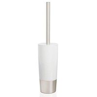 mDesign Decorative Compact Freestanding Plastic Toilet Bowl Brush and Holder for Bathroom Storage and Organization - Metal Handle/Base - Space Saving, Sturdy, Deep Cleaning - White/Satin