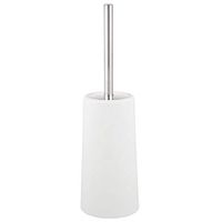 mDesign Modern Compact Free-Standing Plastic Toilet Bowl Brush and Holder for Bathroom Storage, Decorative Steel Handle and Lid, Sturdy, Deep Cleaning - White/Brushed