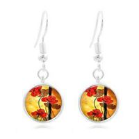 1set Red Poppies Art Tibet Silver Dome Photo 16MM Glass Cabochon Long Earrings Women Fashion Stylish Design Cheap Bright Pretty Cute Charm Woman Comfy Styling