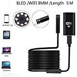 Wireless Endoscope, 8mm Digital Wifi USB Borescope Inspection Camera 2.0 Megapixels CMOS HD IP67 Waterproof Snake Camera with 8 Adjustable Led Light - 16.4ft 5M