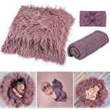 Newborn Photography Props, Fascigirl 3PCS Toddler Photo Blankets Wrap and Headband Long Hair Photography Wrap Shaggy Area Rug Photo Prop Multi-Purpose Swaddle Wrap Photography Mat for Babies (Purple)