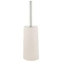 mDesign Modern Compact Freestanding Plastic Toilet Bowl Brush and Holder for Bathroom Storage, Decorative Steel Handle and Lid, Sturdy, Deep Cleaning - Cream/Brushed
