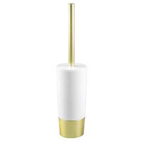 mDesign Decorative Compact Freestanding Plastic Toilet Bowl Brush and Holder for Bathroom Storage and Organization - Metal Handle/Base - Space Saving, Sturdy, Deep Cleaning - White/Gold Brass