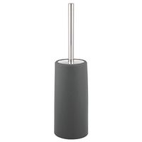 mDesign Compact Freestanding Plastic Toilet Bowl Brush and Holder for Bathroom Storage, Decorative Steel Handle and Lid, Sturdy, Deep Cleaning - Charcoal Gray/Brushed