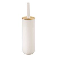 mDesign Compact Freestanding Plastic Toilet Bowl Brush and Holder for Bathroom Storage - Plastic and Bamboo - Sturdy, Deep Cleaning - Cream/Natural Wood Finish