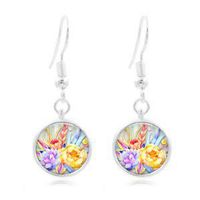 1set Watercolor Flower Tibet Silver Dome Photo 16MM Glass Cabochon Long Earrings Good Jewerly Accessories Women Design Womens Bright Designer Novelty Pendant
