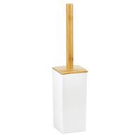 mDesign Modern Square Toilet Bowl Brush and Holder for Bathroom Storage and Organization, Compact Free-Standing Design, Covered Brush - Sturdy, Deep Cleaning - White/Natural Bamboo Wood