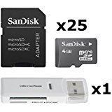 25 PACK - SanDisk 4GB MicroSD HC Memory Card SDSDQAB-004G (Bulk Packaging) LOT OF 25 with SD Adapter and USB 2.0 MicoSD & SD Memory Card Reader 