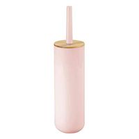 mDesign Compact Freestanding Plastic Toilet Bowl Brush and Holder for Bathroom Storage - Plastic and Bamboo - Sturdy, Deep Cleaning - Light Pink/Natural Wood Finish