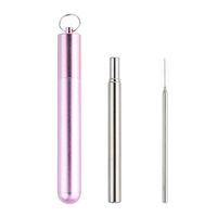 Longtong Reusable Telescopic Straw Stainless Steel Metal Drinking Collapsible Straws with Pink Aluminum Case and 1 Cleaning Brush
