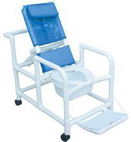 Echo Reclining shower chair w/deluxe elongated open front commode seat & folding footrest, 3“