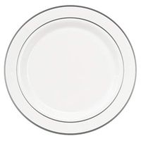 Party Essentials 12-Count Hard Plastic 10.25" Divine Dinnerware Disposable China Dinner Plates, White with Silver Band