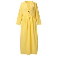 Clearance!! Womens Summer Long Sleeve Linen Dress, Loose V-Neck Button A-line Sundress Beach Party Dress Plus Size S-5XL (Yellow, 4X-Large)