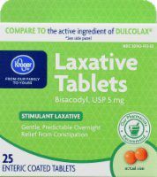 Kroger Laxative Tablets, 25 pills, Bisacodyl USP 5 mg, Compare to active ingredient in Dulcolax