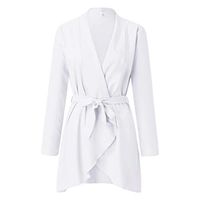 Alangbudu Women Layered V Neck Overcoat Irregular Crossover Hem Cardigan Long Sleeve Belted Windbreaker Tops Outwear White