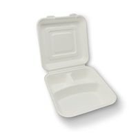 Stalkmarket 100% Compostable Sugar Cane Fiber Hinged Container, Large 3-Compartment, 200-Count Case