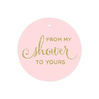Andaz Press Baby and Bridal Wedding Shower Round Circle Party Favor Gift Tags, from My Shower to Yours, Blush Pink Gold Glitter Print, 24-Pack