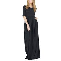 JQjian Fashion Women Solid O-Neck Half Sleeve Party Dress Draped Empire Waist Two Pocket Maxi Dress (L, Black)