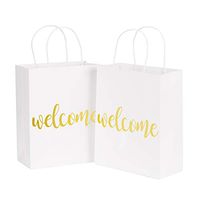 LaRibbons Medium Welcome Gift Bags - Gold Foil White Paper Bags with Handles for Wedding, Birthday, Baby Shower, Party Favors - 12 Pack - 8" x 4" x 10"