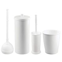 mDesign Modern Plastic Bathroom Storage and Cleaning Accessory Set - Includes Toilet Plunger, Bowl Brush, 3 Roll Toilet Paper Canister with Lid, Wastebasket Trash Can, Garbage Bin - 4 Pieces - White