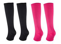 2Pair Open Toe Compression Knee High Anti-Fatigue Sock Calf Support Stocking (L/XL, Black + Rose)